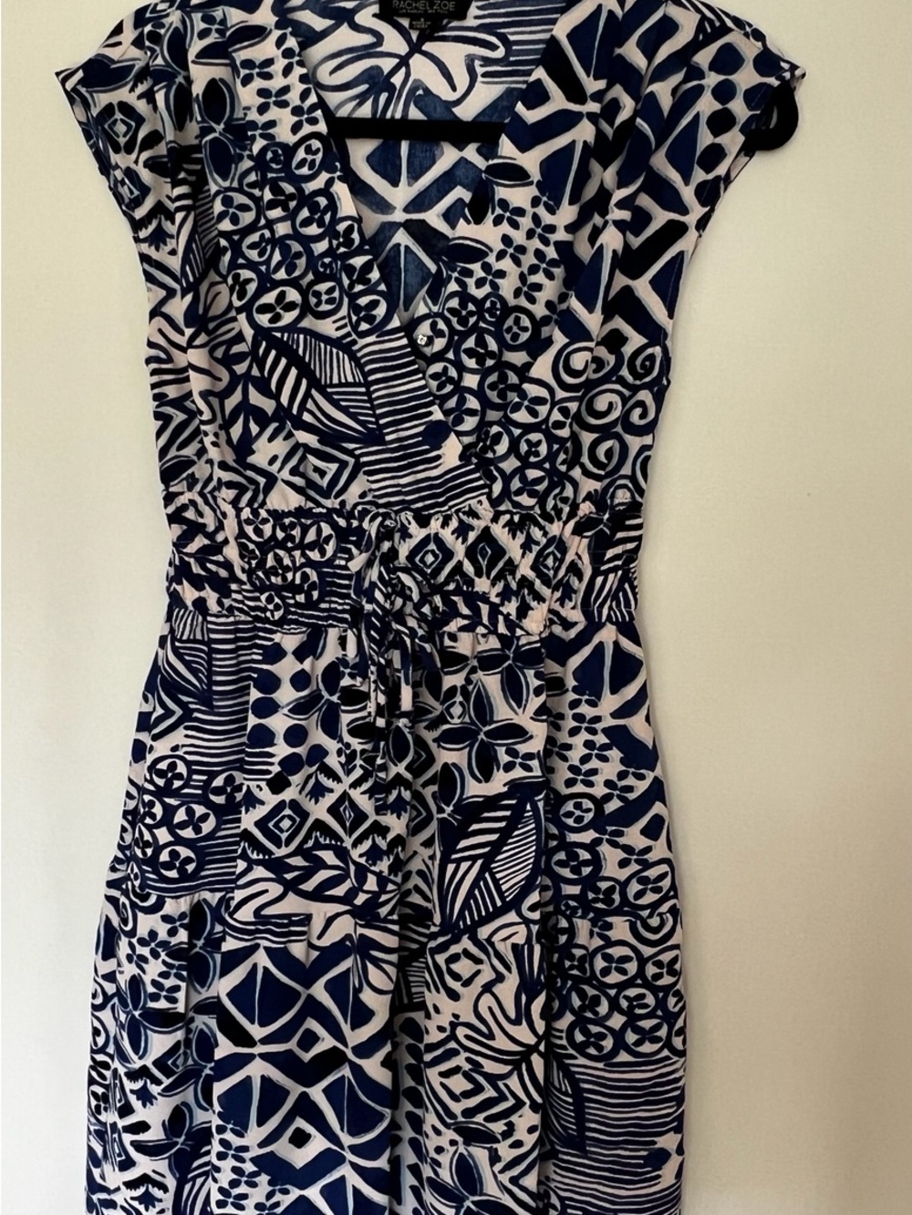 Rachel Zoe Navy and White Printed V-Neck Tie-Waist Dress